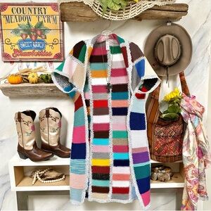 Colorful Patchwork Cardigan duster Shrug w granny squares prairie vibe